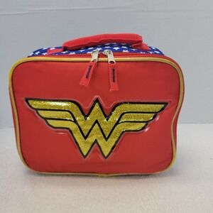 Wonder Woman Insulated Lunch Kit Zipper Bag Red Blue Gold Top Handle Square